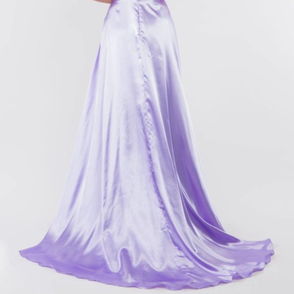 NEW SATIN LONG A-LINE OFF THE SHOULDER SLEEVELESS DRESS WITH ZIPPER BACK GL2963 - Picture 6 of 7